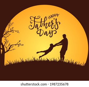 The concept of happy family on orange moon or sun background can be used for holiday design, cards, posters, banners, illustration. Silhouette of father and son with lettering Happy Fathers Day.