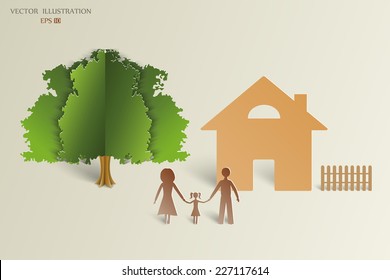 The concept of a happy family. Paper shadows happy family on the background of the house and the green tree. Vector illustration