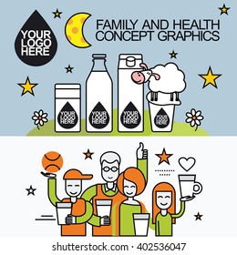 Concept of a happy family who leads a healthy lifestyle and drinking milk. Character for milk packaging with a logo for branding, packaging, advertising printing, for website banner and landing page.