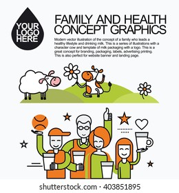 Concept of a happy family who leads a healthy lifestyle and drinking milk. Characters for milk packaging with a logo for branding, packaging, advertising printing, for website banner and landing page.