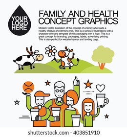 Concept of a happy family who leads a healthy lifestyle and drinking milk. Characters for milk packaging with a logo for branding, packaging, advertising printing, for website banner and landing page.