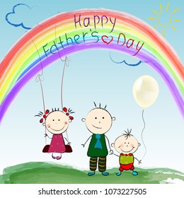 The concept of a happy Father. Child's drawing of happy father's day using crayon.  Template for greeting card, banner, flyer, invitation, congratulations, poster design. Vector illustration
