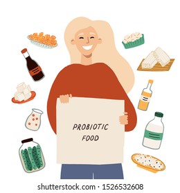 Concept with a happy girl choosing fermented foods, drinks and milk dairies. Set of food containing probiotics. Hand drawn vector illustration for an article, card.