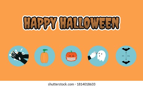 Concept of happy halloween and new normal in coronavirus pandemic. Hand wash, alcohol gel, face mask, social distancing, and temperature check