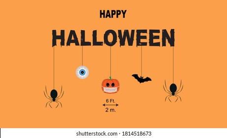 Concepto de Halloween feliz y nueva normalidad en la pandemia del coronavirus. Ilustración vectorial de calabaza con máscaras faciales, araña, murciélago, globo ocular y distanciamiento social.