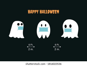 Concept of happy halloween and new normal in coronavirus pandemic. Vector illustration of cute ghost wearing face mask and social distancing.