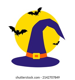 The concept of a happy Halloween with a witch hat on the background of the moon with bats