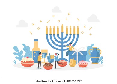 concept of happy Hanukkah Jewish festival holiday celebration and decorate menorah with tiny people, vector flat illustration for web, landing page, ui, banner, editorial, mobile app and flyer.