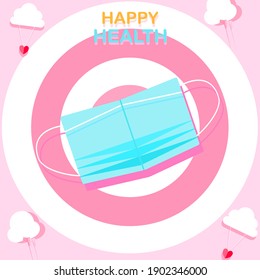 Concept happy health. Face mask  Floating on the pink background, with cloud and heart shaped balloon, vector illustration for mask content, health care, life and good health, mask cute patterns 