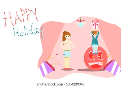 Concept happy holidays, happy family. A mother watching her child happily holds the gift box in her hand.  Flat lifestyle style vector illustration for content on family day, new year, gift giving.