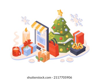 Concept of happy holidays. Shop next to tree and gifts. Winter holidays and rest. New year and Christmas, traditions and religion. Online shopping, internet. Cartoon volumetric vector illustration