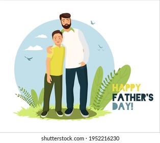 The concept of a happy international Father's Day greeting card. Father hugging his son. Design for poster, website, postcard, brochure, cover. Stock vector illustration in flat style.