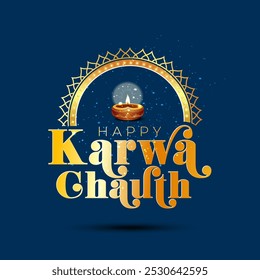 Concept of Happy Karwa Chauth. Festival of India. Golden, retro, vintage, ornament with moon background. Promotional logo, greeting card poster banner design.