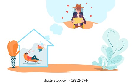 Concept happy, lifestyle relax. A man who sleeps listening to music happily on a reclining chair And thinking of myself when traveling. Vector illustration forVacation, happiness, going out for travel