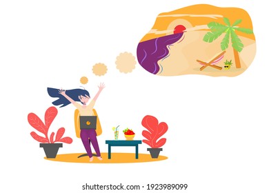 Concept Happy, Lifestyle Relax. The Woman Who Sat Stretched Both Arms To Relax  And Thinking Of The Beach  Summer Sea. Vector   Flat Style. Illustration For  Vacation, Happiness, Going Out For Travel