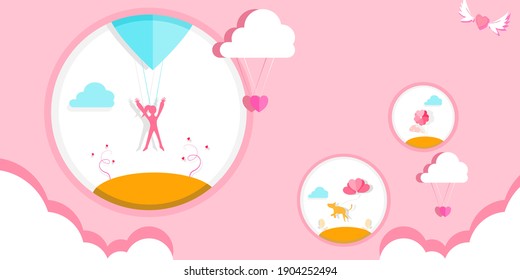 Concept happy lifestyle.young female model floating in the air with a blue balloon, a dog jumping for fun With a red heart shaped balloon, pink flowers.  Vector paper banner.  Illustration happy day 