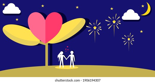 Concept happy love. A young couple standing in a happy expression  While under a big heart-shaped tree at night, celebration.  Vector illustration for content  Moments of happiness, parties, lover