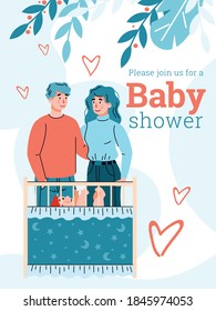 Concept of happy maternity and parenthood. Young couple of parents with a newborn baby. Vector poster with lettering. Vector illustration.