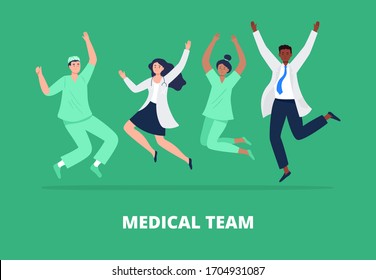 Concept of happy medicine team. Multicultural group of people jumping with raised hands in various poses. Doctors and nurses rejoicing together. Vector flat style.