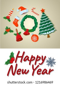 Concept Happy New Year Card, Isolated icon. Cartoon style. Vector Illustration for Christmas day.