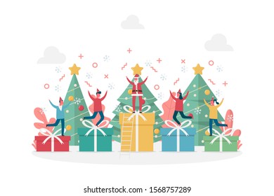 concept of happy new year celebration and Merry Christmas with large gifts, pine tree and tiny people, vector flat illustration for web, landing page, ui, banner, editorial, mobile app and flyer.