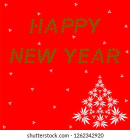 Concept Happy New Year congratulation background. White fir tree and Snowflakes from triple marijuana leaves on a red background. Flat greeting card, invitation, flyer vector illustration.