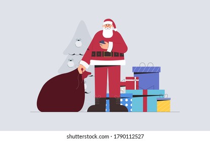 Concept of happy new year, holiday and Merry Christmas, cartoon Santa Claus holds a bag of gifts and phone, on the background a Christmas tree and gift boxes. Flat style vector illustration.