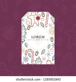 Concept of happy new year/ merry christmas. Idea of tag for gift or clothes. Lorem ipsum. Vector. Funny hand drawn pine cones, oak leaves, cranberries. Isolated on background.