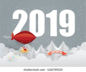 Concept Happy new year and Merry Christmas card with Santa Claus and reindeer  in  balloon flying on the sky in winter season on text 2019 background,,paper craft style vector and illustration 