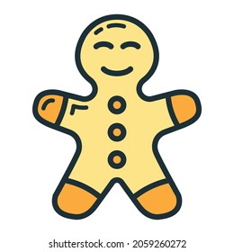 Concept happy new year, merry christmas gingerbread man icon, cartoon xmas label holiday winter time flat vector illustration, isolated symbol on white.