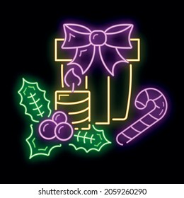Concept happy new year and merry christmas neon glow style icon, xmas label holiday winter time flat vector illustration, isolated symbol on black.