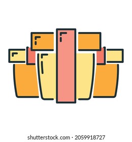 Concept happy new year, merry christmas present box, color xmas label holiday winter time flat vector illustration icon, isolated symbol on white.