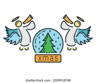 Concept happy new year and merry christmas line cartoon icon, xmas label holiday winter time flat vector illustration, isolated symbol on white.