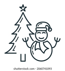 Concept happy new year and merry christmas outline icon, xmas label holiday winter time flat vector illustration, isolated symbol on white.