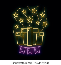 Concept happy new year and merry christmas neon glow style icon, xmas label holiday winter time flat vector illustration, isolated symbol on black.
