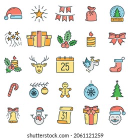 Concept happy new year and merry christmas line cartoon icon, xmas label holiday winter time flat vector illustration, isolated symbol on white.