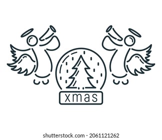 Concept happy new year and merry christmas outline icon, xmas label holiday winter time flat vector illustration, isolated symbol on white.