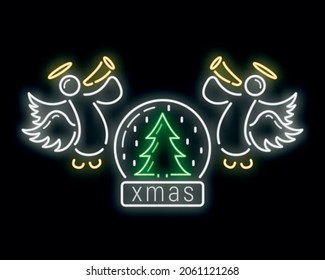Concept happy new year and merry christmas neon glow style icon, xmas label holiday winter time flat vector illustration, isolated symbol on black.