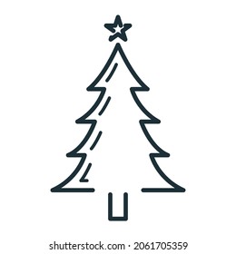 Concept happy new year, merry christmas tree icon, outline xmas label holiday winter time flat vector illustration, isolated symbol on white.