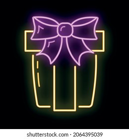Concept happy new year, merry christmas present box, glow neon xmas label holiday winter time icon flat vector illustration, isolated symbol on black.