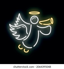 Concept happy new year, merry christmas angel icon, neon glow xmas label holiday winter time flat vector illustration, isolated symbol on white.