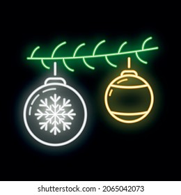 Concept happy new year, merry christmas toy icon, neon glow xmas label holiday winter time flat vector illustration, isolated symbol on white.