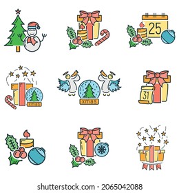 Concept happy new year and merry christmas line cartoon icon, xmas label holiday winter time flat vector illustration, isolated symbol on white.