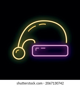 Concept happy new year, merry christmas hat icon, neon glow xmas label holiday winter time flat vector illustration, isolated symbol on black.