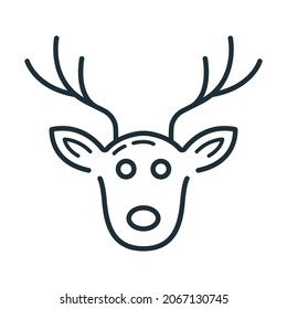 Concept happy new year, merry christmas deer icon, outline xmas label holiday winter time flat vector illustration, isolated symbol on white.
