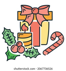 Concept happy new year and merry christmas line cartoon icon, xmas label holiday winter time flat vector illustration, isolated symbol on white.