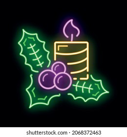 Concept happy new year, merry christmas decoration icon, neon glow xmas label holiday winter time flat vector illustration, isolated symbol on black.