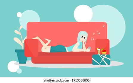 Concept happy people. Girl lying on the sofa playing mobile phone  Happily  Flat style vector, illustration for content.  Relaxation lifestyle, Vacations, Happiness, Fun, Sleeping music, Phone calls.