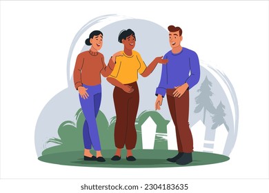 Concept happy people standing together scene in the flat cartoon design. Friends gathered for a walk to have fun. Vector illustration.