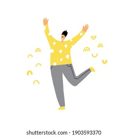 Konzept einer glücklichen Person. Der Mensch springt mit erhobenen Händen. Vektorgrafik.  Wunderbar und bewundert. Gewinnen. Feiern des Erfolgs. Gefühl und Emotion Konzept. Ein fröhlicher Mensch feiert den Erfolg.